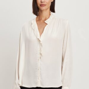 Velvet By Graham & Spencer Ali Long Sleeve Blouse In Cream - XS | 100% Satin Viscose