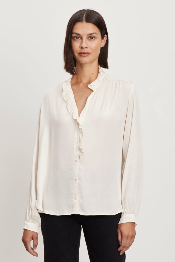 Velvet By Graham & Spencer Ali Long Sleeve Blouse In Cream - XS | 100% Satin Viscose