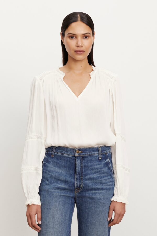 Velvet By Graham & Spencer Koren V Neck Blouse In White - Small | 100% Viscose