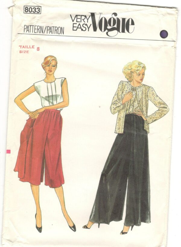 Very Easy Vogue 8033; Ca. 1982; Misses' Jacket, Top & Culottes, Size 8, Uncut Ff