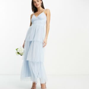 Vila Bridesmaid tulle dobby maxi dress with tiered skirt in blue