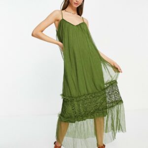 Vila cami maxi dress with tulle tiered skirt in khaki-Green