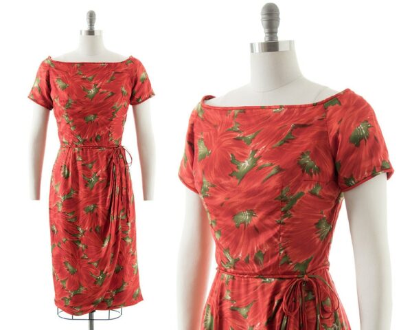 Vintage 1950S Cocktail Dress | 50S Silk Floral Printed Sarong Skirt Sheath Wiggle Party | Small