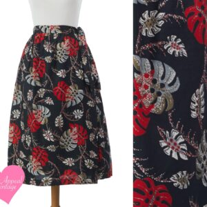 Vintage 1950S Skirt // Red Black Monstera Leaf Hawaiian Novelty Sarong Swim S