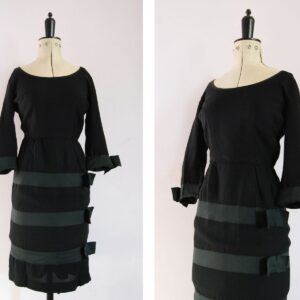 Vintage 1960S Black Crepe Ribbon Bow Shift Dress - Union 60S Cocktail Little Black Wiggle Party