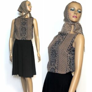 Vintage 1960S Dress// Matching Scarf//Box Pleated Skirt// Brown Top//Designer Howard Wolf//Floral//Polka Dots// Mad Man //