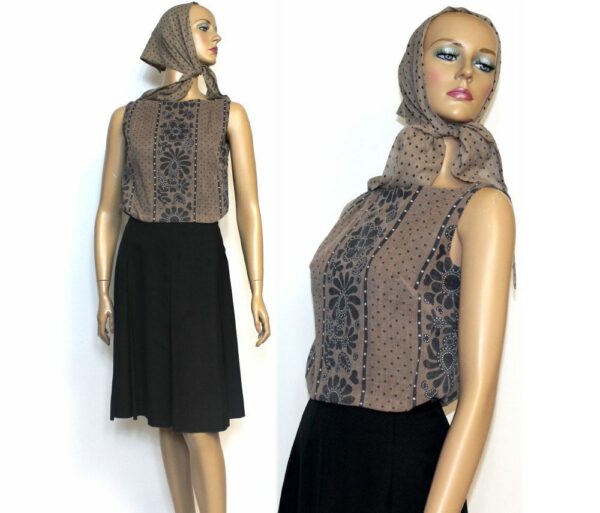 Vintage 1960S Dress// Matching Scarf//Box Pleated Skirt// Brown Top//Designer Howard Wolf//Floral//Polka Dots// Mad Man //