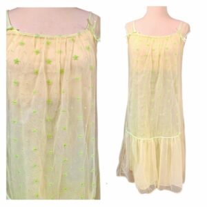 Vintage 1960S Lemon Lime Embroidered Babydoll Nightie, 60S Yellow Nightgown W Green Flowers, Chiffon & Nylon Nightie