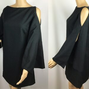 Vintage 1960S Mod Black Huge Flared Cut Out Angel Bell Sleeve Babydoll Mini Dress Large