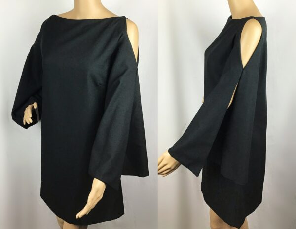 Vintage 1960S Mod Black Huge Flared Cut Out Angel Bell Sleeve Babydoll Mini Dress Large