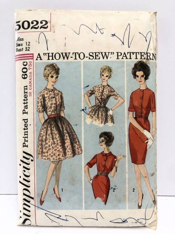 Vintage 1960's Simplicity 5022 Size 12 Dress With Full Or Pencil Skirt Pattern