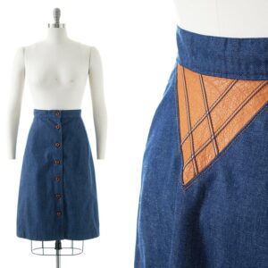 Vintage 1970S Denim Skirt | 70S Ms. Pioneer Leather & Dark Blue Jean A-Line Western Boho Button Up | Small