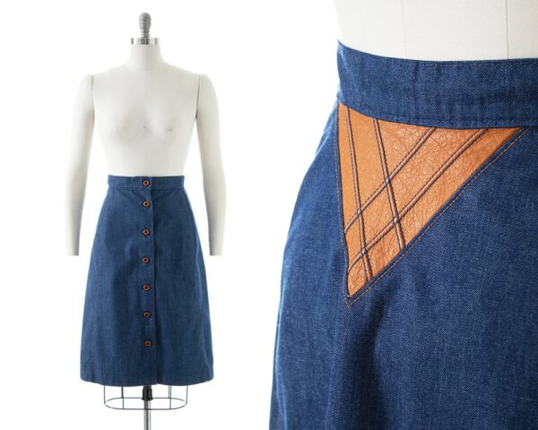 Vintage 1970S Denim Skirt | 70S Ms. Pioneer Leather & Dark Blue Jean A-Line Western Boho Button Up | Small