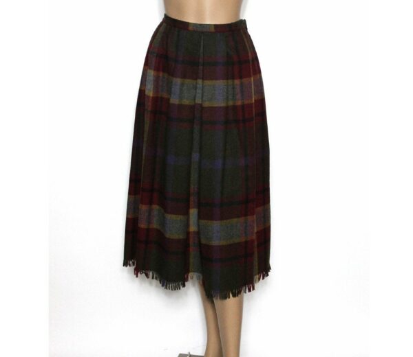 Vintage 1970S Skirt Box Pleated Plaid Fringed Hem