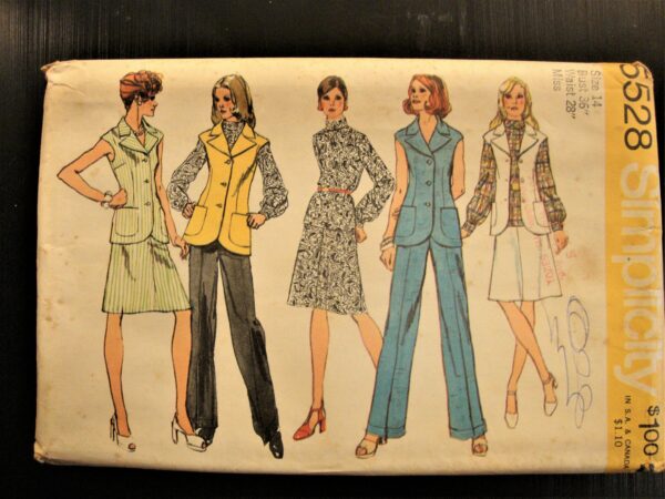 Vintage 1970's 70's Sewing Pattern Simplicity 5528 Vest, Blouse, Skirt & Cuffed Slacks