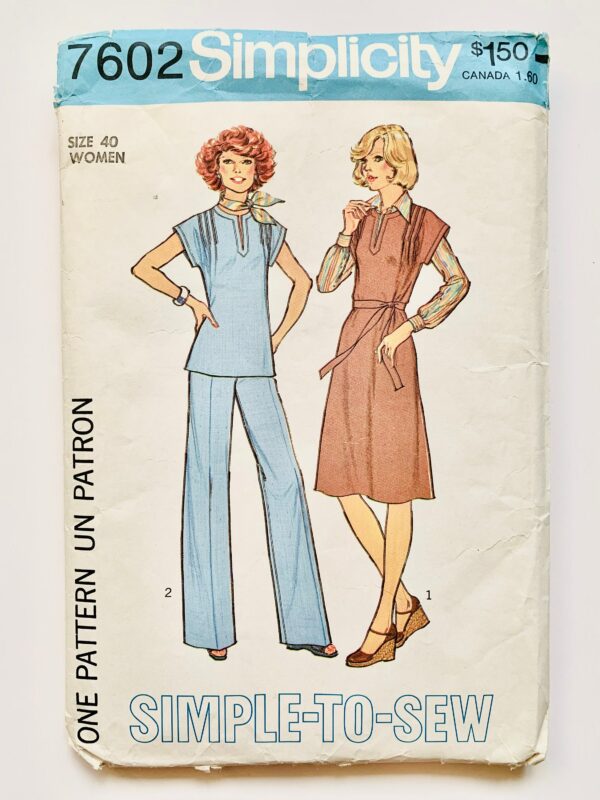 Vintage 1970's Simplicity 7602 Women's Pullover Dress, Jumper Or Tunic & Wide-Leg Pants Pattern, Sz40 B44" W37" H46