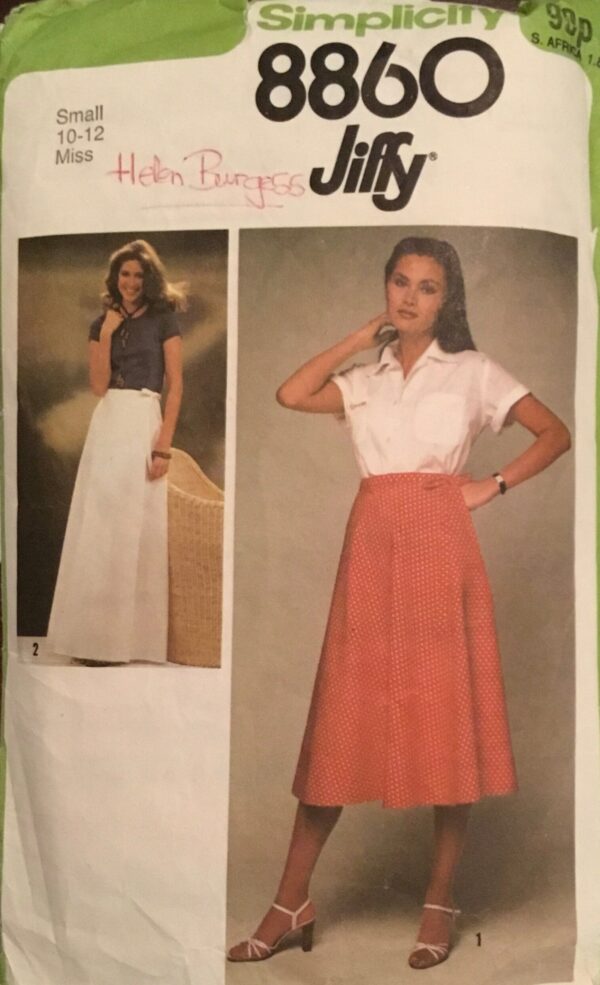 Vintage 1979 Simplicity Misses' Jiffy Front-Wrap Skirt in Two Lengths Sewing Pattern No. 8860 - Size Small 10-12 /Waist 64-67cm/25"-26 1/2