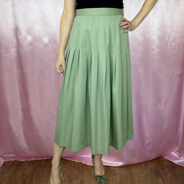 Vintage 1990S Light Sage Green Pleated Wool Midi Skirt, By Laura Ashley, UK Size 12