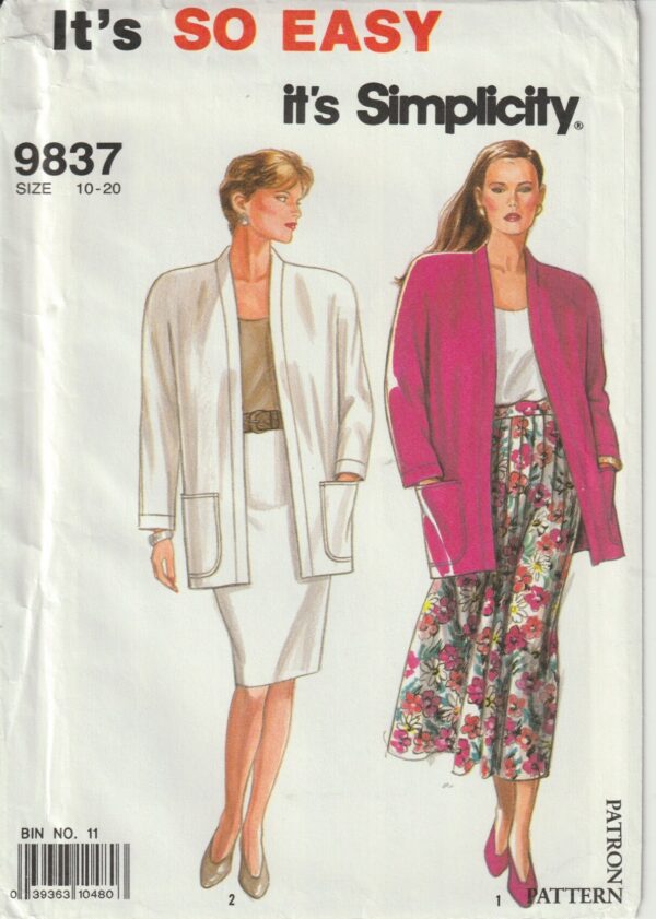 Vintage 1990S Simplicity 9837, Misses' Pleated Skirt, Slim Skirt & Unlined Jacket Sewing Pattern Size 10, 12, 14, 16, 18, 20 Uncut