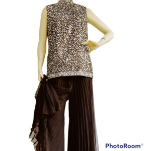 Vintage 60S Jack Bryan Palazzo Pant Cocktail Outfit-Mod Sequined Top/ Black Pleated Sheer Chiffon Pants-Small/Medium