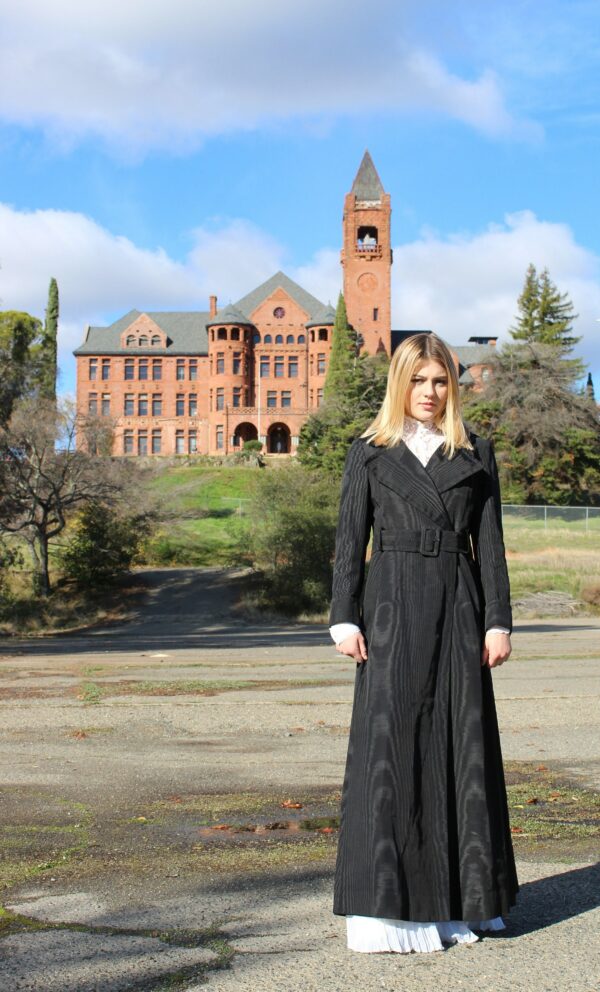 Vintage 60's 70's I Magnin California Black Moire Velvet Victorian Steampunk Full Length Maxi Belted Trench Coat Bohemian // Us 0 2 4 Xs S