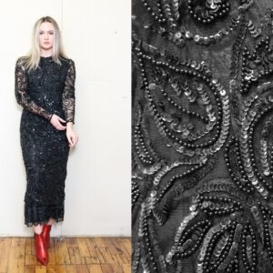 Vintage 80S Incredible Black Heavy Sequin Beaded Floral Lace Gothic Victorian Sheer Ruffle Mermaid Skirt Evening Cocktail Party Maxi Dress