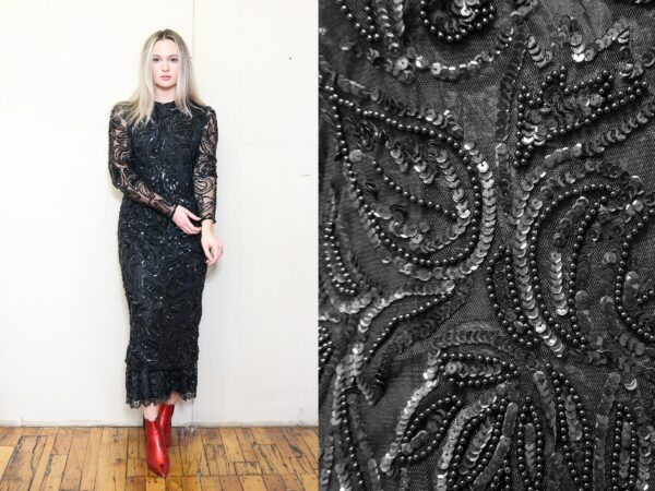 Vintage 80S Incredible Black Heavy Sequin Beaded Floral Lace Gothic Victorian Sheer Ruffle Mermaid Skirt Evening Cocktail Party Maxi Dress