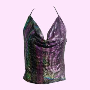 Vintage 80S Oil Slick Chainmail Top, Iridescent, Beetle Colours, Crossover Straps, Metallic, Metal Mesh Clubbing, Clubwear