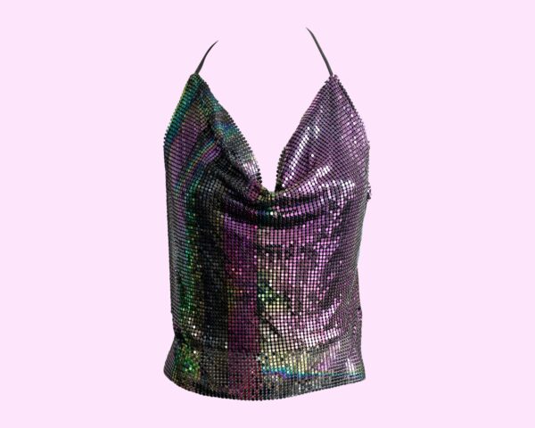 Vintage 80S Oil Slick Chainmail Top, Iridescent, Beetle Colours, Crossover Straps, Metallic, Metal Mesh Clubbing, Clubwear