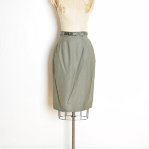 Vintage 80S Pencil Skirt Olive Green Rayon Slim Secretary Narrow Belted M Clothing