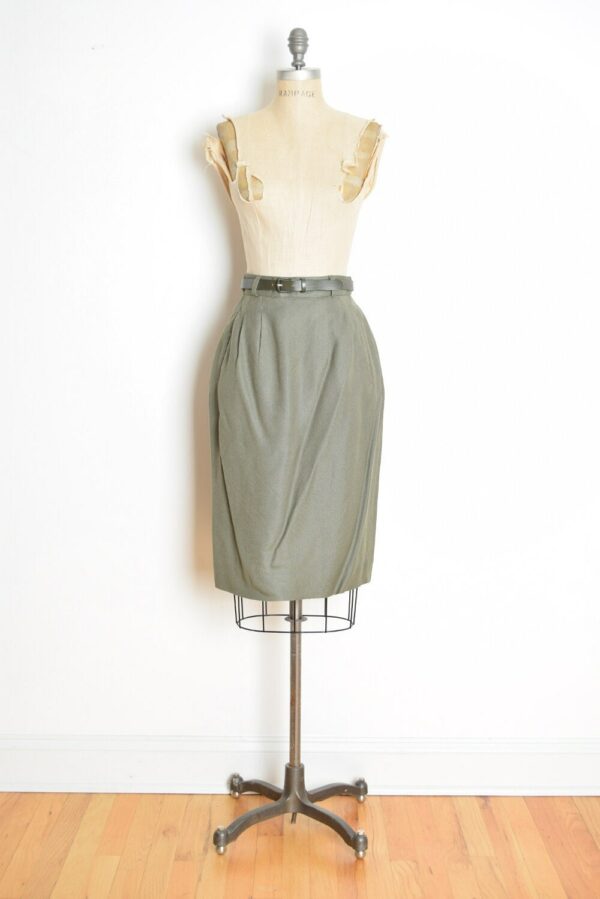 Vintage 80S Pencil Skirt Olive Green Rayon Slim Secretary Narrow Belted M Clothing