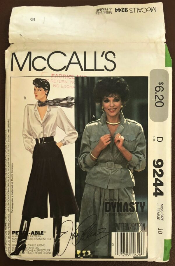 Vintage 80's, Designer Nolan Miller Shirt, Culottes & Belt Sewing Pattern. Size 10. Bust 33