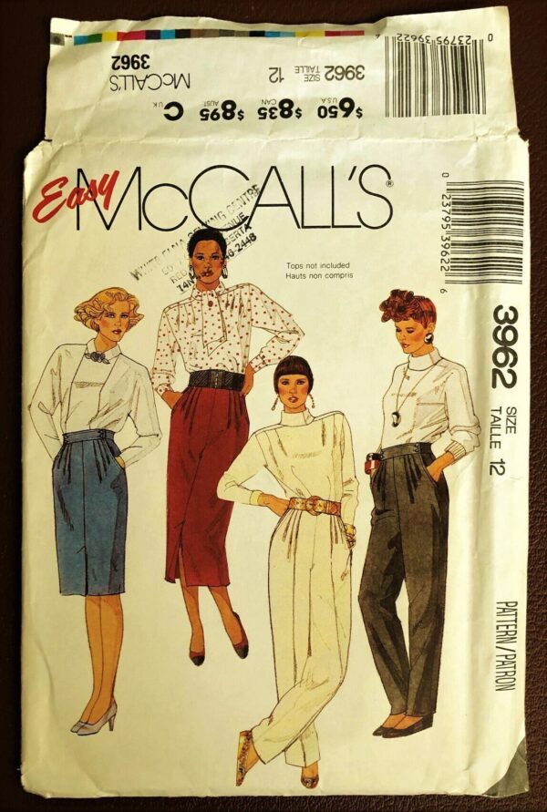 Vintage 80's High Waisted, Pleated Pants Or Skirt Sewing Pattern Mccall's 3962. Size 12. Waist 26.5