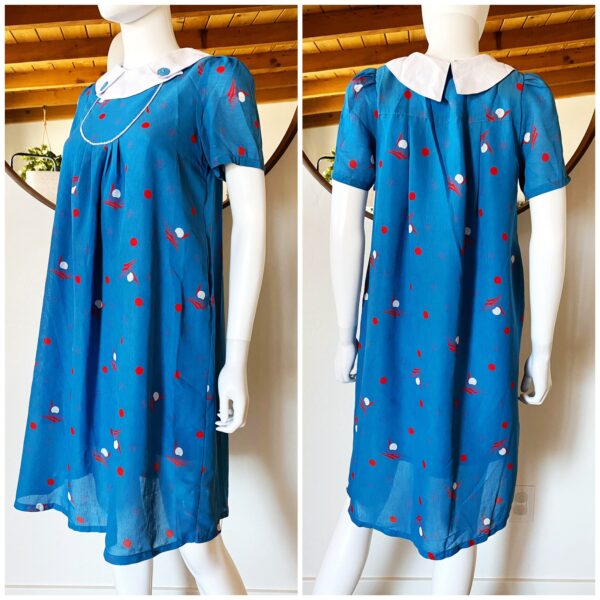 Vintage 80's Shun Hing Rare Babydoll Trapeze Dress Blue, Red + White Contrast Collar Anchor Buttons Pockets Fits M