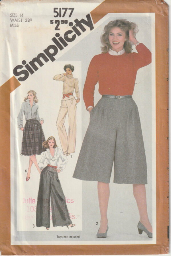 Vintage 80's Simplicity 5177 Misses's Skirt, Culottes, Straight Or Wide Legged Pants, Back Zipper, Sie Seam Pockets Size 14 Uncut