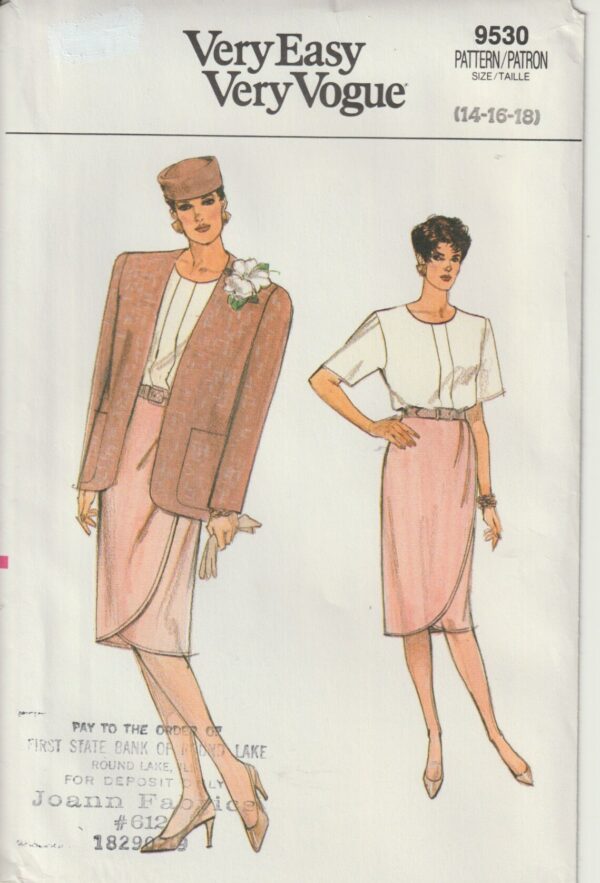 Vintage 80's Vogue 9530 Very Easy Misses Loose, Lined Jacket, Straight Mock Wrap Skirt & Blouse, Sewing Pattern Size 14, 16, 18 Uncut