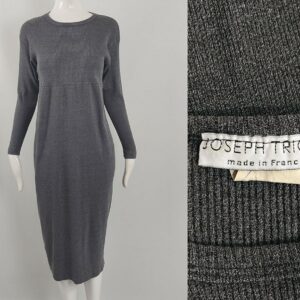 Vintage 90S Joseph Tricot Dress, Joseph Grey Ribbed Knit, Minimalist Dress Designer Long Sleeve Sweater Knitwear Babydoll