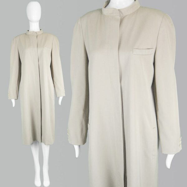 Vintage 90S Krizia Duster Coat Women Minimalist Wool Gabardine Womens Trench Trenchcoat High Collar Beige Long