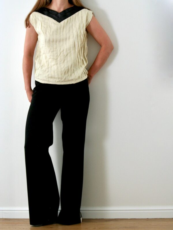 Vintage Beige Pleated Top/Black Leather