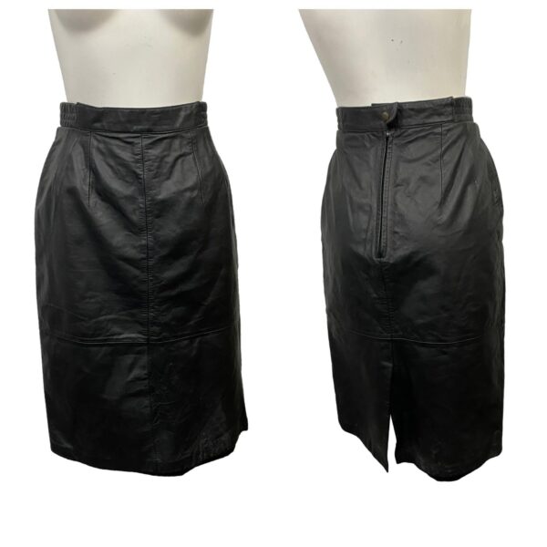 Vintage Black Leather Skirt/80S Retro Below Knee Length Midi Women's Small