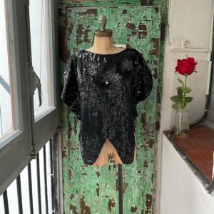 Vintage Black Sequin Butterfly Top, Sequined Evening Blouse, Sparkly Batwing Festive Party Shirt, 1970S Disco Top Shirt