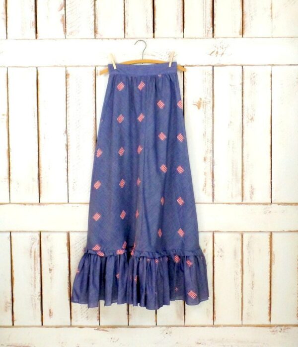 Vintage Blue Cotton Chambray Patchwork Ruffle Maxi Skirt/Red Checkered/Plaid Patch High Waist Skirt/Joy Stevens