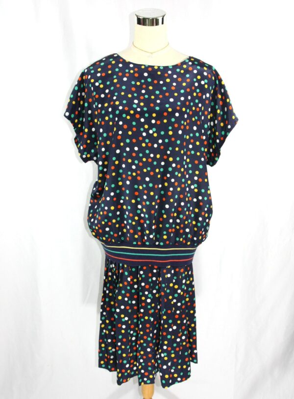 Vintage Campus Casuals Pleated Skirt & Blouse Top Set Dress Polka Dots Blouson - M L