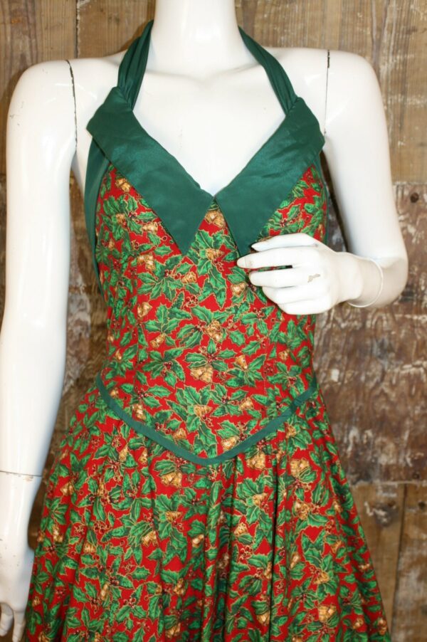 Vintage Christmas Dress, 80S Does 50S Holly Print Circular Skirt Halter Neck Midi Skater Xs/ UK 6/ 32