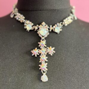 Vintage Designer Rodrigo Otazu Ab Aurora Borealis Opaline Encrusted Silver Tone Negligee Bib Necklace Signed On All Links