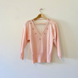 Vintage Early 1990S 90S Light Pink Embellished Mesh Deep V Sweater Top Beaded Small S