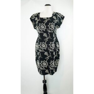 Vintage Embroidered Dress, Carole Little, lbd, Little Black Linen, Fully Lined, Above Knee, 90S Floral, Fitted