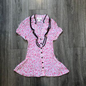 Vintage Pleated Blouse With Flower & Ruffle Details, Button Up Blouse, Pink Top Black Floral Detail