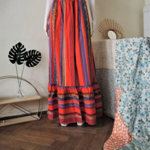 Vintage Red Striped Folklore Cotton Maxi Skirt With Ruffle Hem Embroidery Boho Ethnic 1970S 70S 1980S 80S