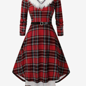 Vintage Scotland Dress V-Neck Feather Trim Belted High-Low Dresses